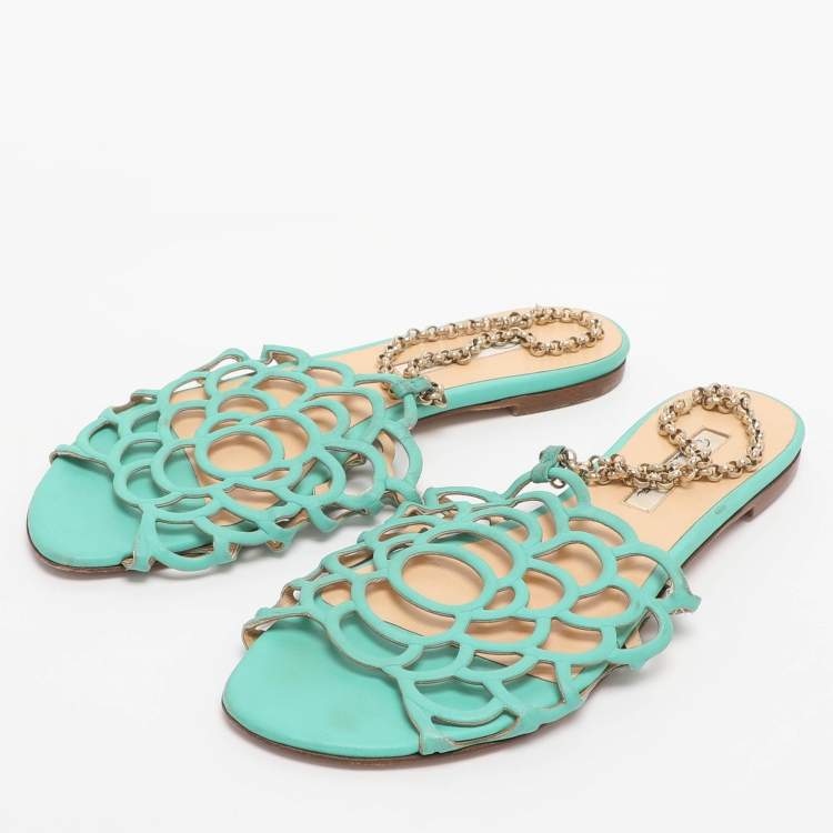 Pre Owned Oscar de la Renta Green Leather Begonia Chain Flats Size 39.5