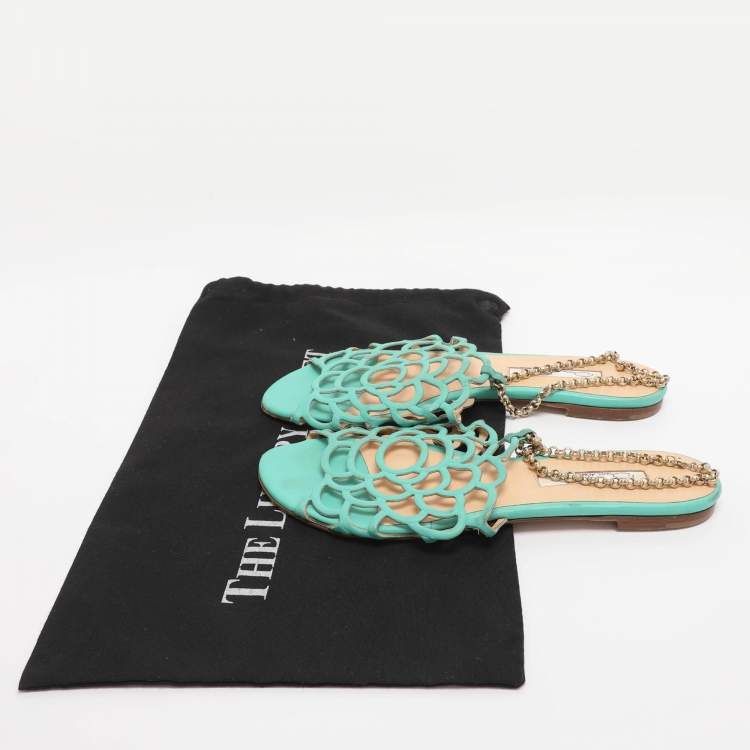 Pre Owned Oscar de la Renta Green Leather Begonia Chain Flats Size 39.5