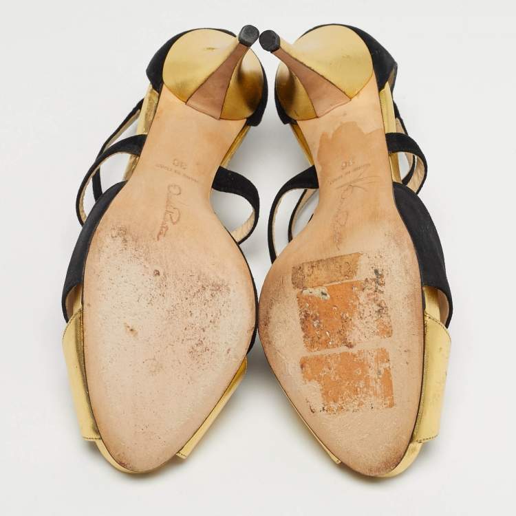 Pre Owned Oscar de la Renta Gold/Black Leather and Suede Ankle Strap Sandals Size 36