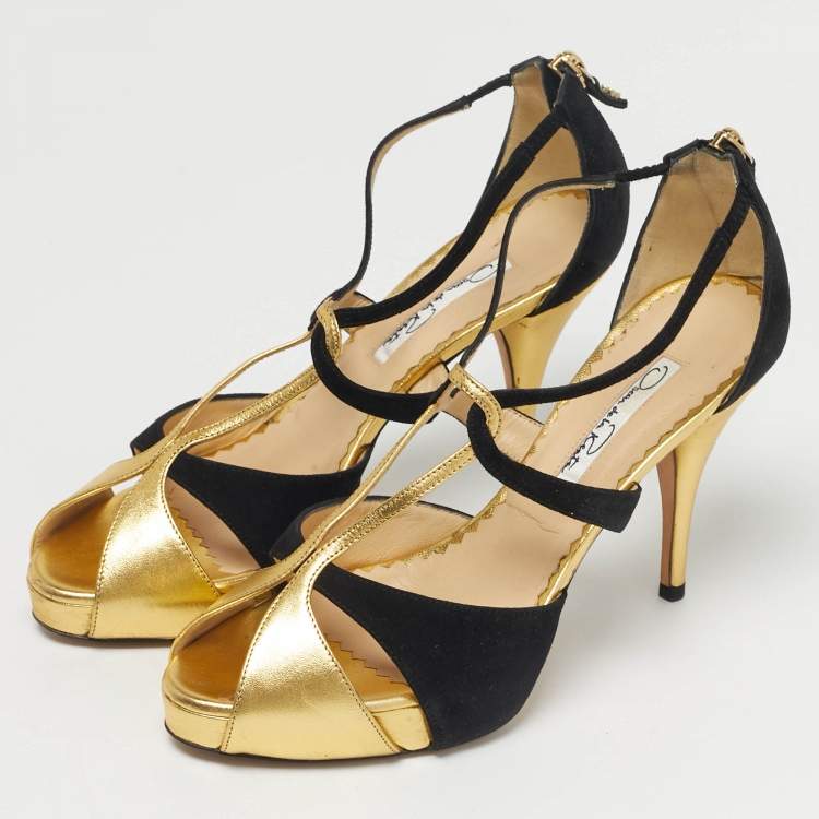 Pre Owned Oscar de la Renta Gold/Black Leather and Suede Ankle Strap Sandals Size 36