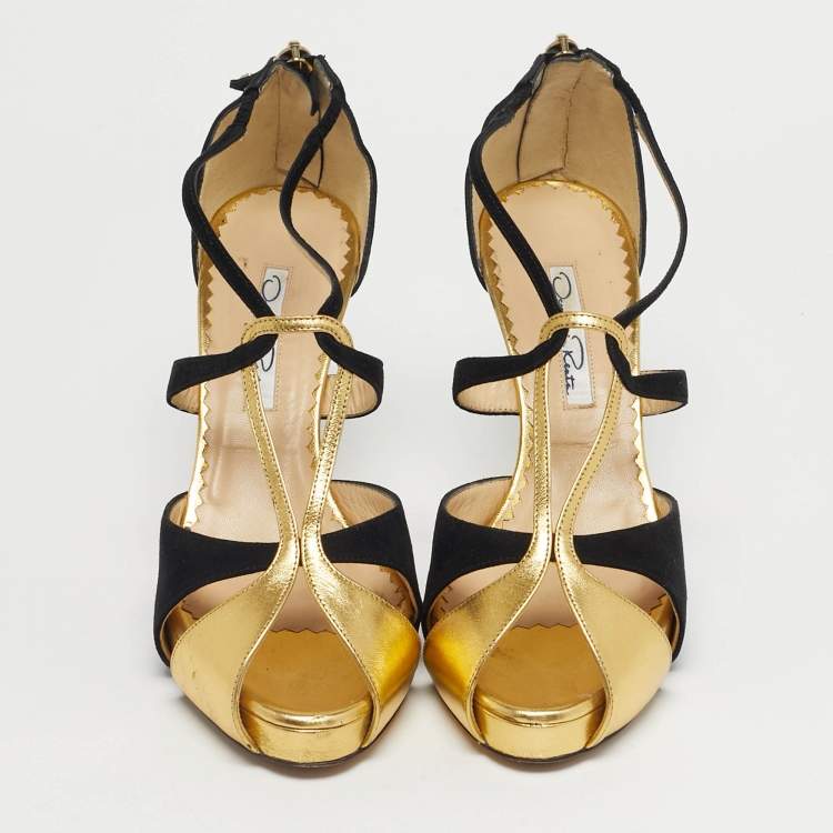 Pre Owned Oscar de la Renta Gold/Black Leather and Suede Ankle Strap Sandals Size 36