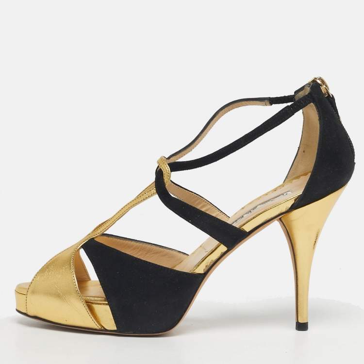 Pre Owned Oscar de la Renta Gold/Black Leather and Suede Ankle Strap Sandals Size 36