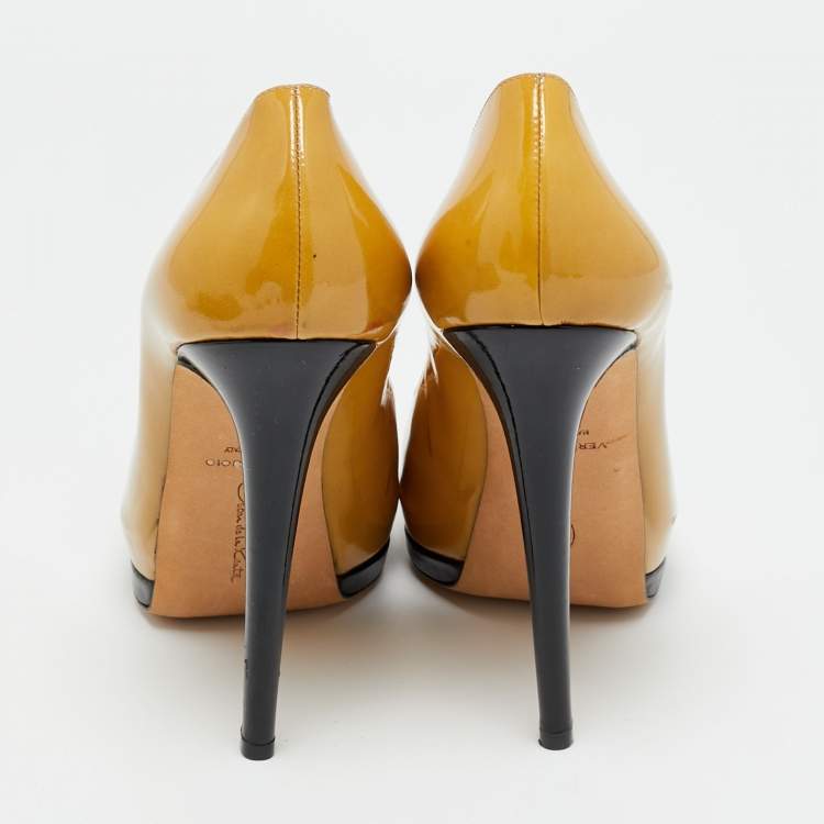 Pre Owned Oscar de la Renta Yellow Patent Leather Round Toe Platform Pumps Size 40.5