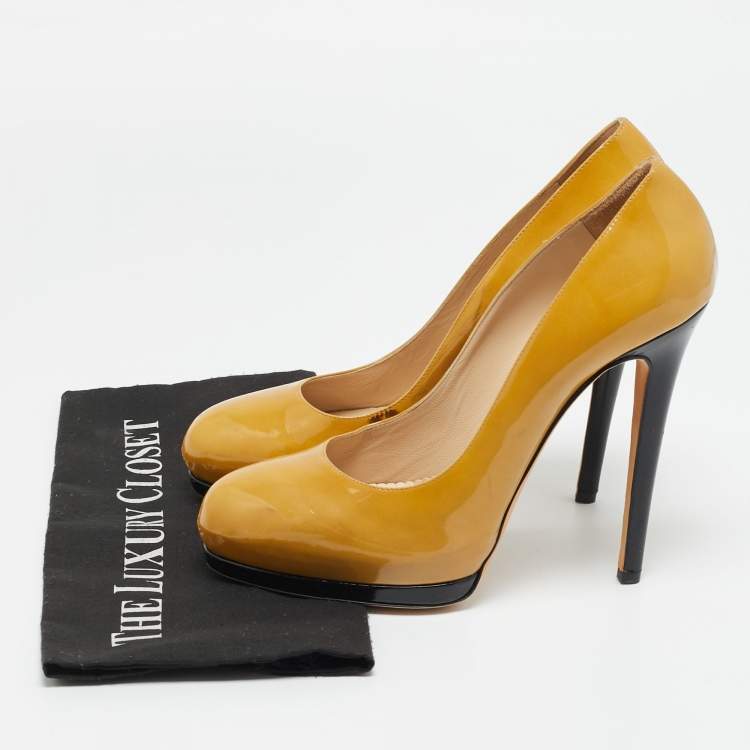 Pre Owned Oscar de la Renta Yellow Patent Leather Round Toe Platform Pumps Size 40.5