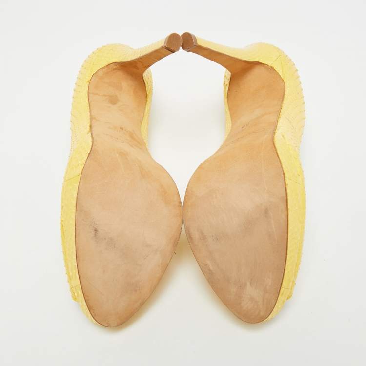 Pre Owned Oscar de la Renta Size 38 Yellow Python Leather Peep Toe Pumps