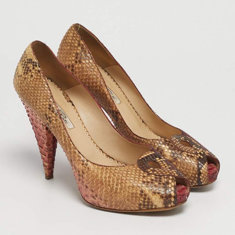 Pre Owned Oscar de la Renta Size 39 Tricolor Python Leather Platform Peep Toe Pumps