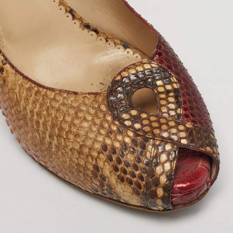 Pre Owned Oscar de la Renta Size 39 Tricolor Python Leather Platform Peep Toe Pumps