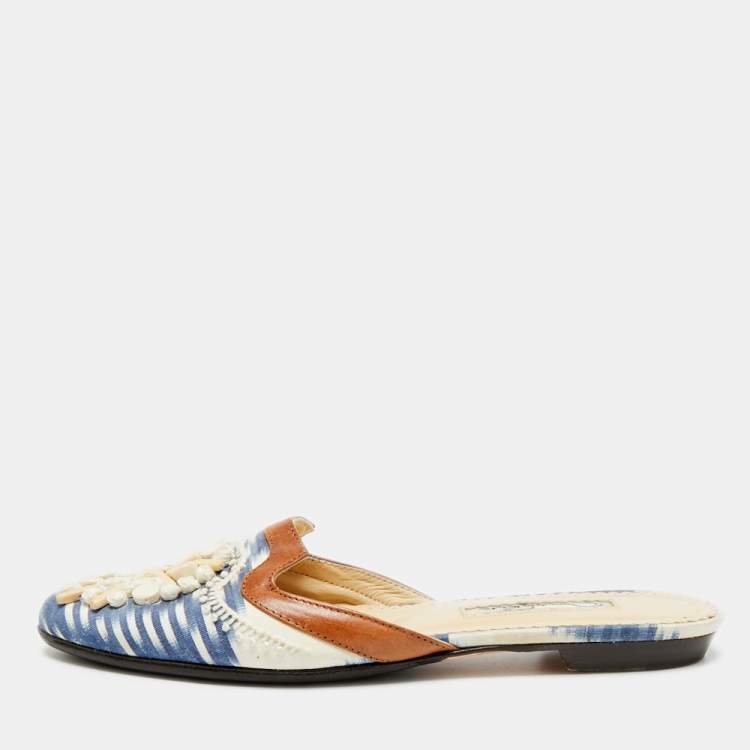 Pre Owned Oscar de la Renta Size 38.5 Tricolor Leather and Fabric Embellished Flat Mules 