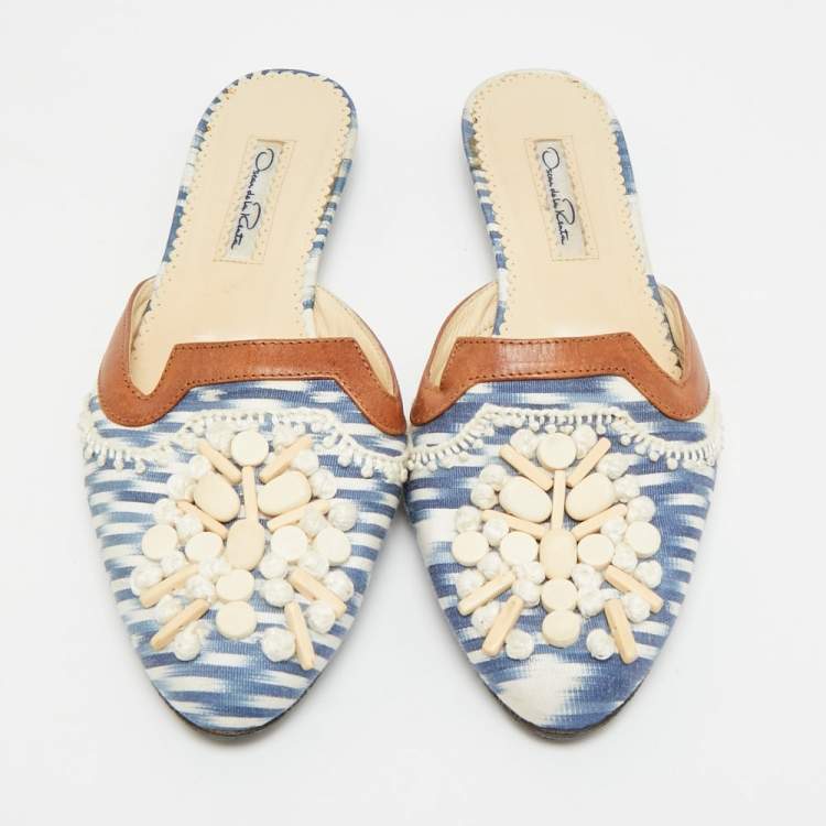 Pre Owned Oscar de la Renta Size 38.5 Tricolor Leather and Fabric Embellished Flat Mules 
