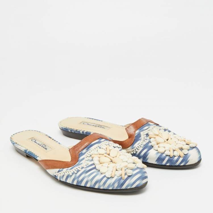 Pre Owned Oscar de la Renta Size 38.5 Tricolor Leather and Fabric Embellished Flat Mules 