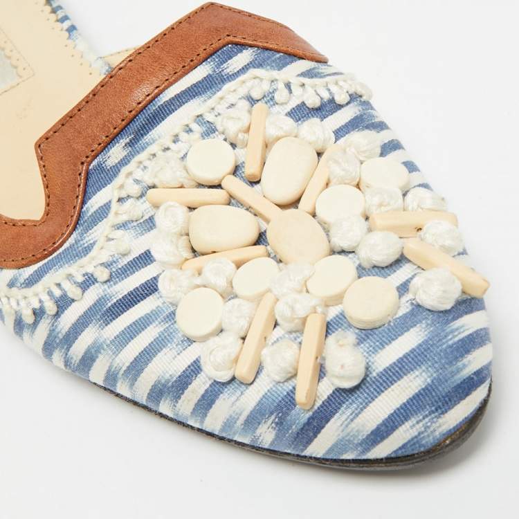 Pre Owned Oscar de la Renta Size 38.5 Tricolor Leather and Fabric Embellished Flat Mules 