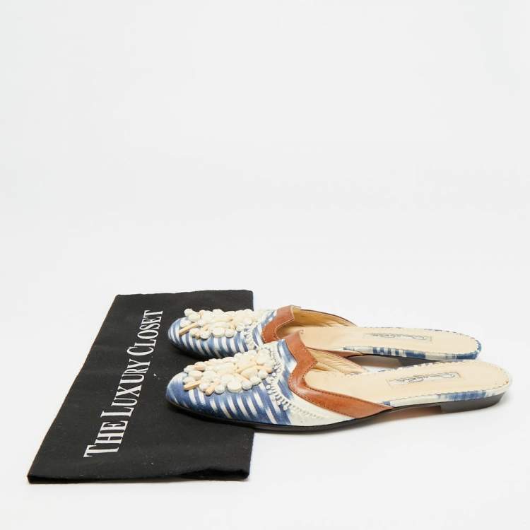 Pre Owned Oscar de la Renta Size 38.5 Tricolor Leather and Fabric Embellished Flat Mules 