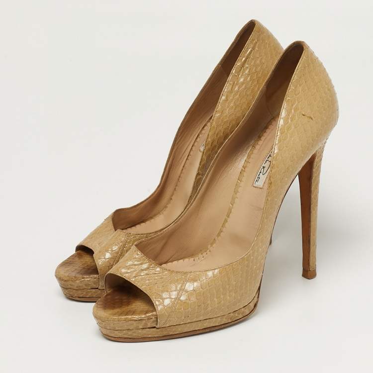 Pre Owned Oscar de la Renta Size 38 Beige Python Leather Peep Toe Pumps