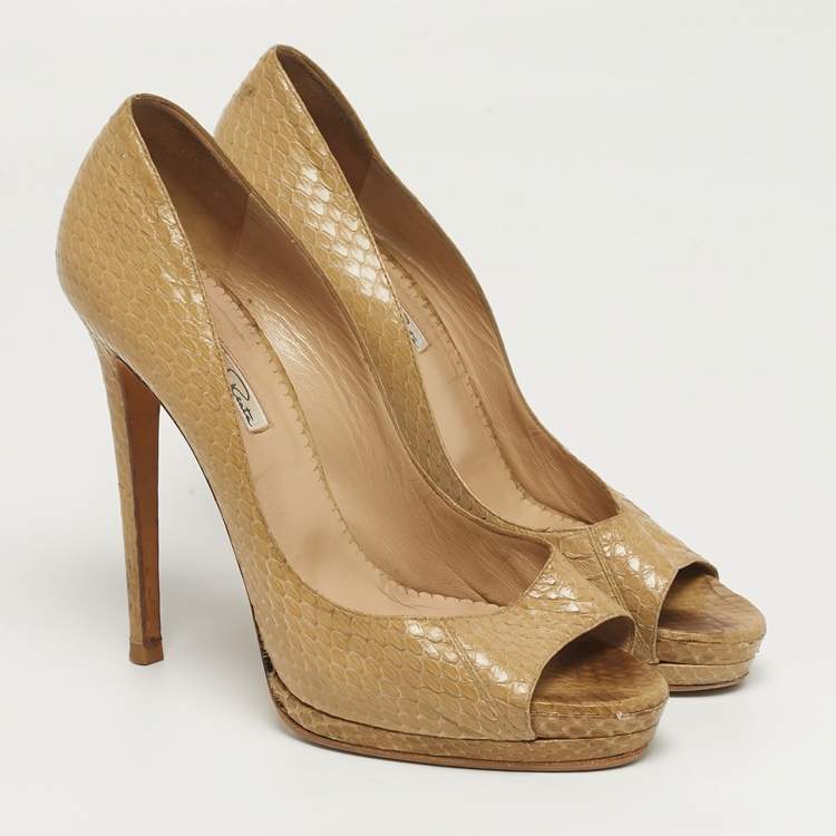 Pre Owned Oscar de la Renta Size 38 Beige Python Leather Peep Toe Pumps
