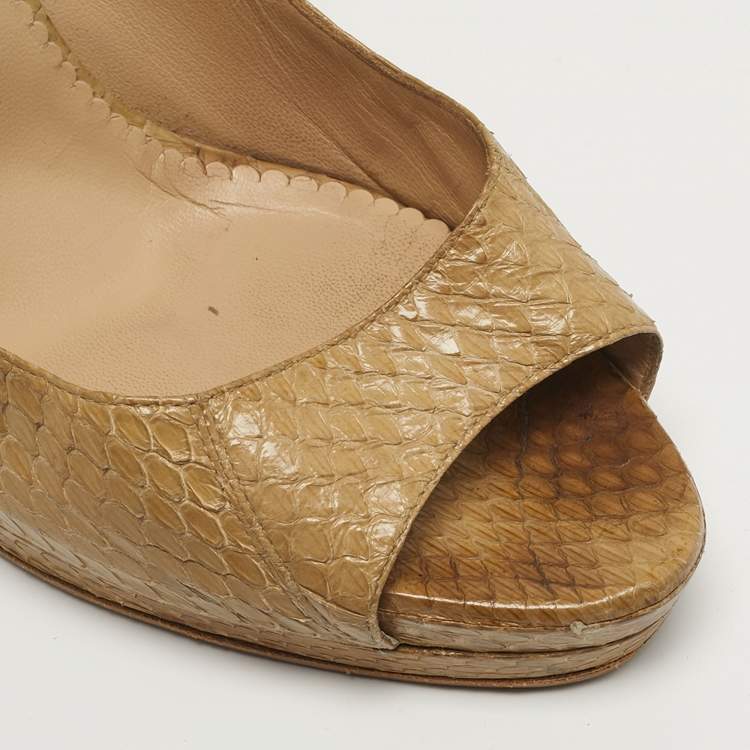 Pre Owned Oscar de la Renta Size 38 Beige Python Leather Peep Toe Pumps