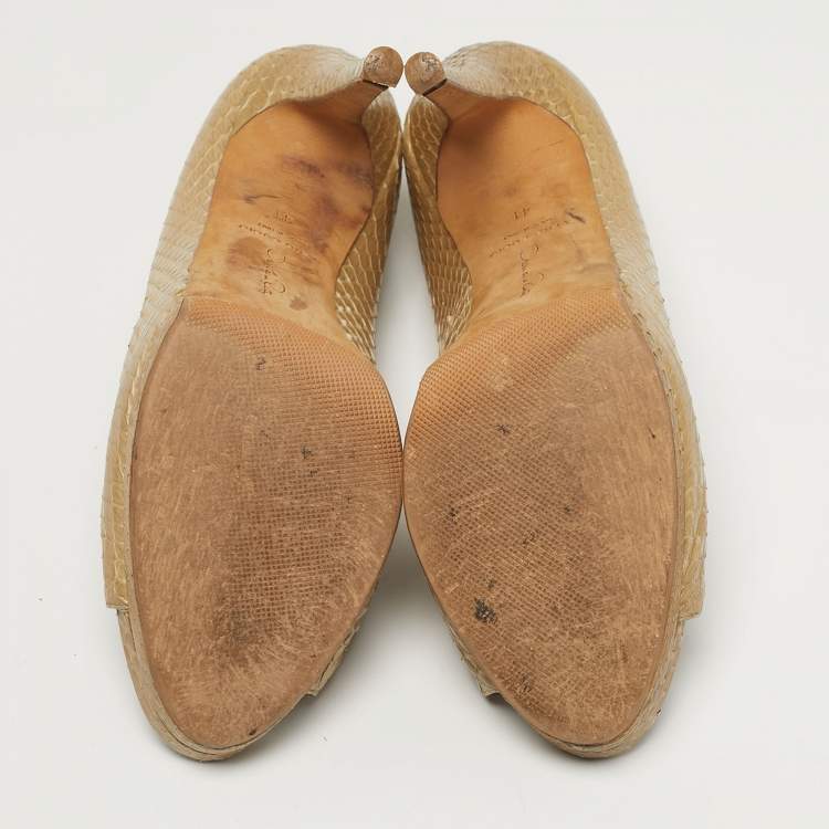 Pre Owned Oscar de la Renta Size 38 Beige Python Leather Peep Toe Pumps