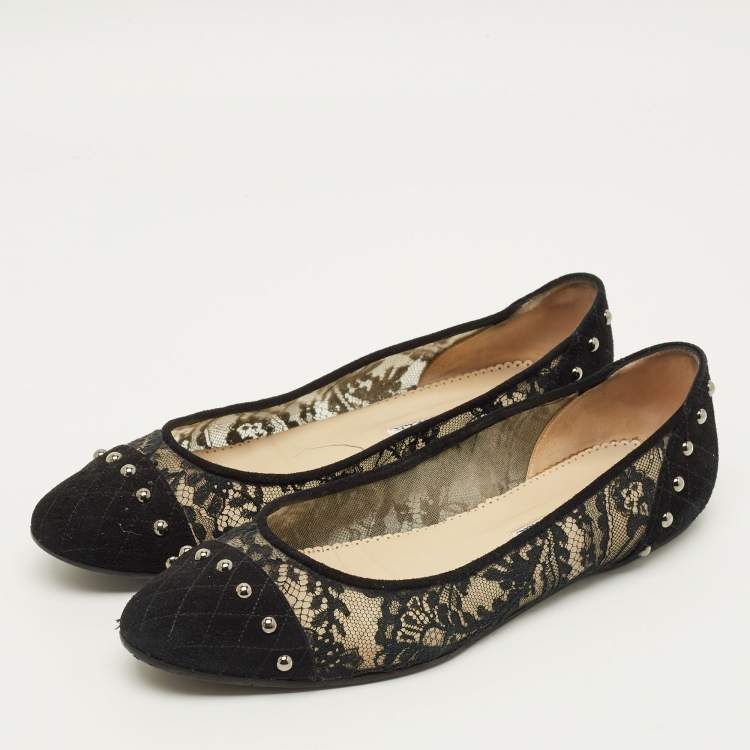 مملوكة مسبقًا Oscar de la Renta Size 41 Black Lace and Suede Ballet Flats