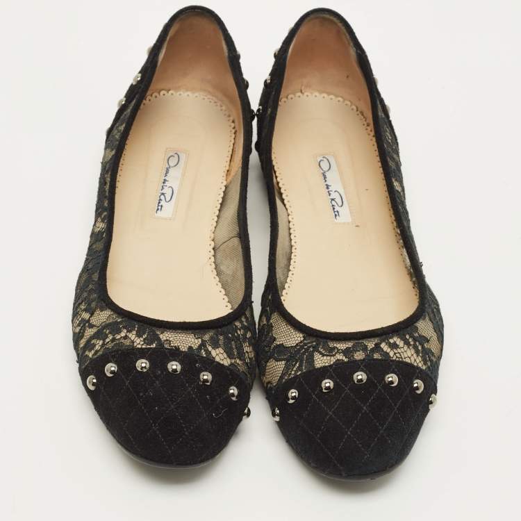 مملوكة مسبقًا Oscar de la Renta Size 41 Black Lace and Suede Ballet Flats