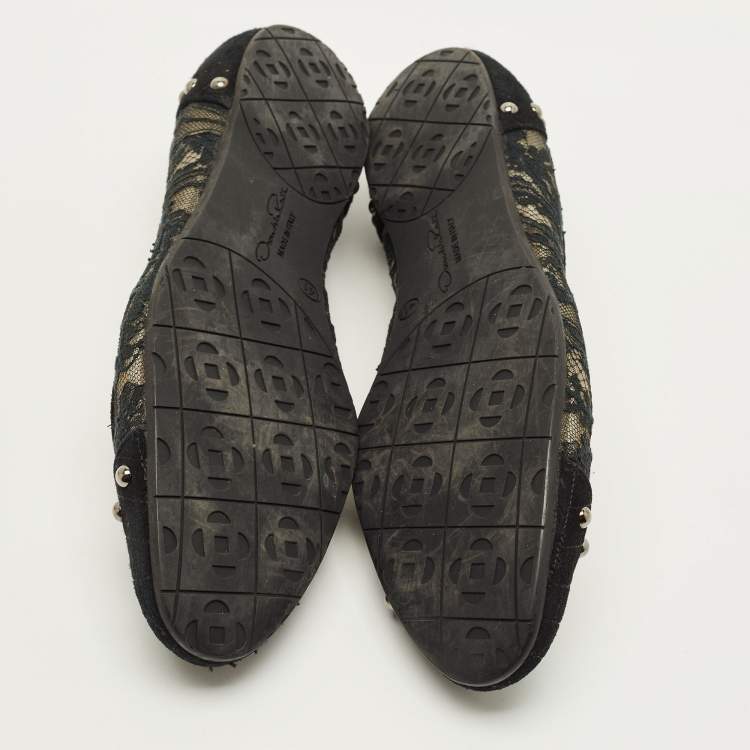مملوكة مسبقًا Oscar de la Renta Size 41 Black Lace and Suede Ballet Flats