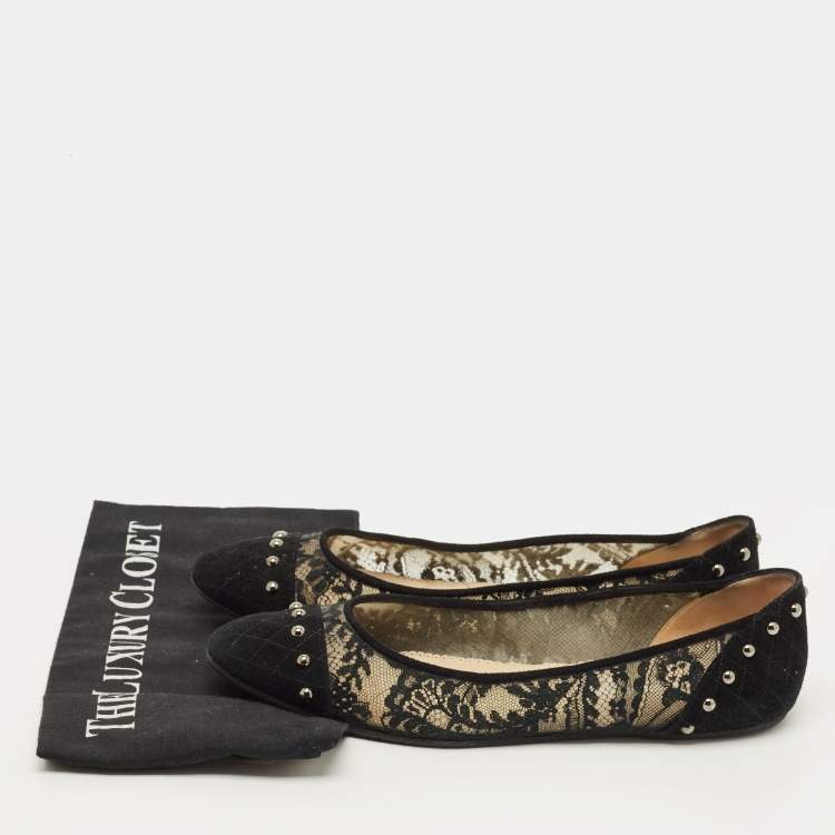 مملوكة مسبقًا Oscar de la Renta Size 41 Black Lace and Suede Ballet Flats