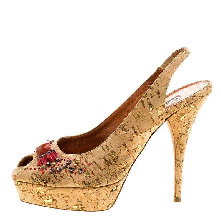 Pre Owned Oscar De La Renta Light Brown Leather Embellished Slingback Platform Sandals Size 38