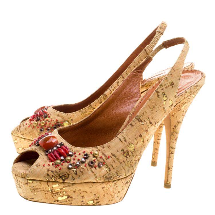 Pre Owned Oscar De La Renta Light Brown Leather Embellished Slingback Platform Sandals Size 38