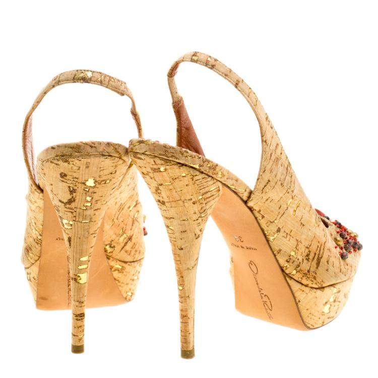 Pre Owned Oscar De La Renta Light Brown Leather Embellished Slingback Platform Sandals Size 38