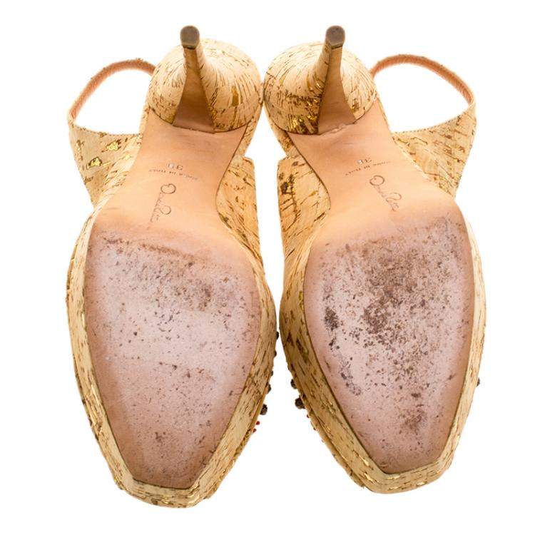 Pre Owned Oscar De La Renta Light Brown Leather Embellished Slingback Platform Sandals Size 38