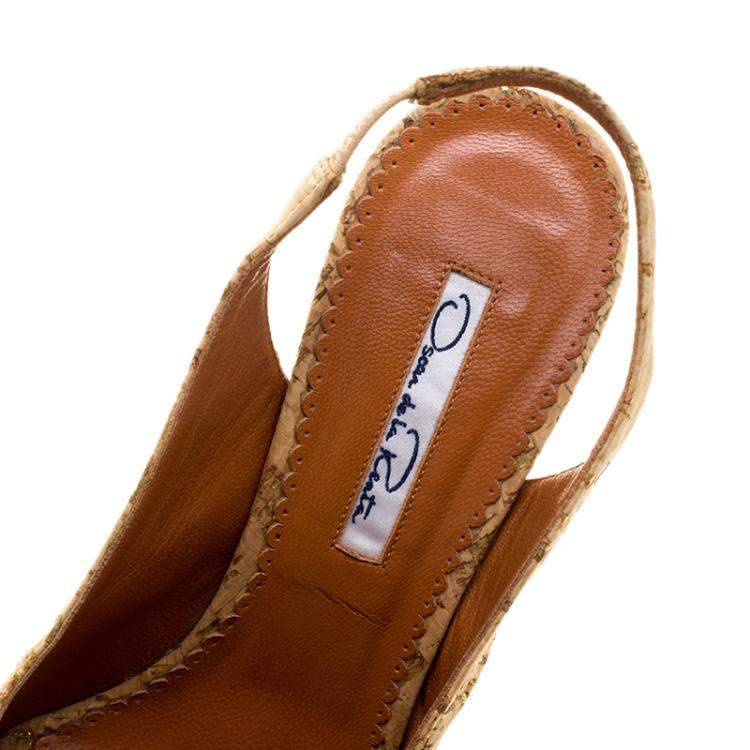 Pre Owned Oscar De La Renta Light Brown Leather Embellished Slingback Platform Sandals Size 38