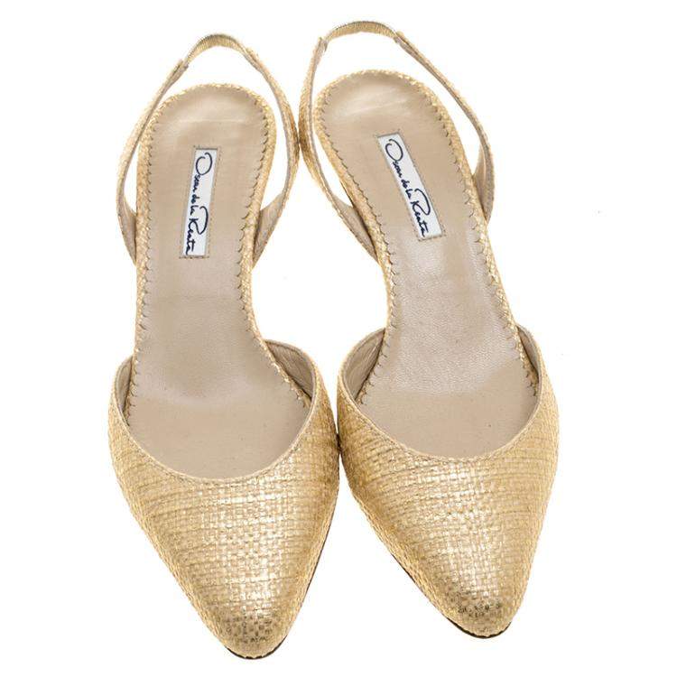 Pre Owned Oscar De La Renta Beige/Gold Jute Samie Slingback Sandals Size 36