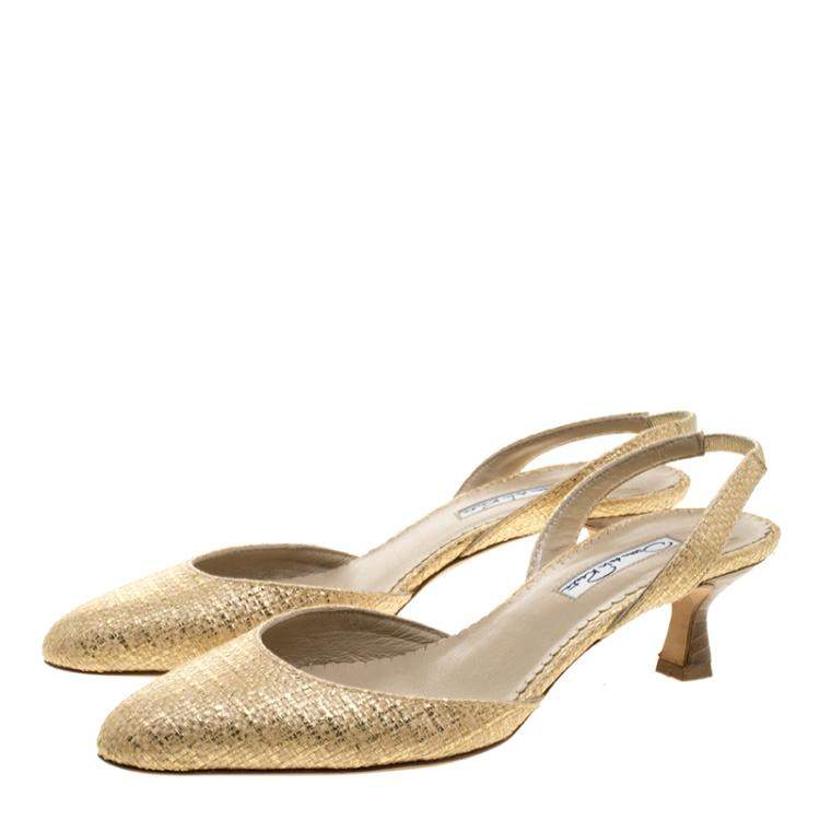 Pre Owned Oscar De La Renta Beige/Gold Jute Samie Slingback Sandals Size 36