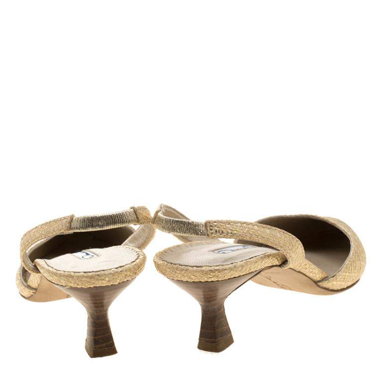 Pre Owned Oscar De La Renta Beige/Gold Jute Samie Slingback Sandals Size 36