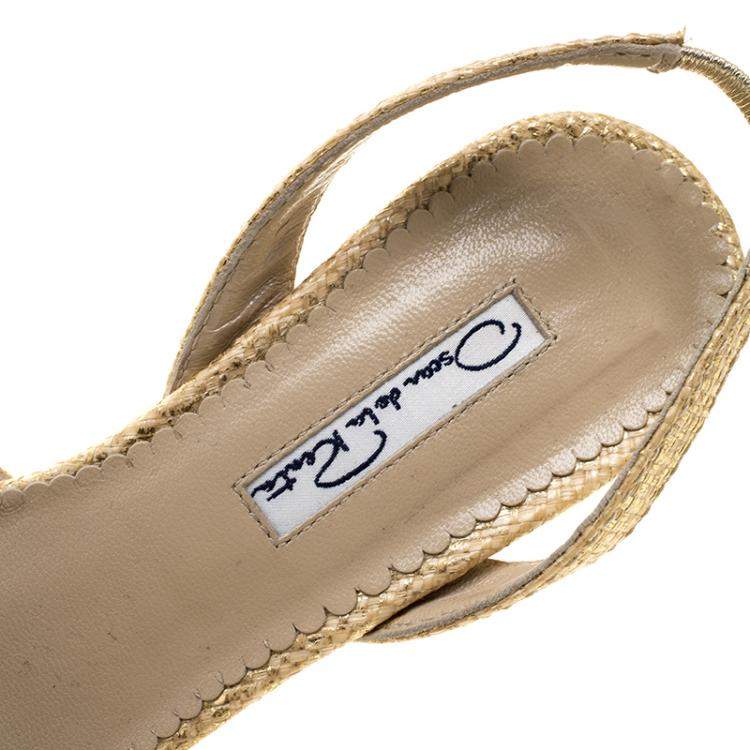 Pre Owned Oscar De La Renta Beige/Gold Jute Samie Slingback Sandals Size 36