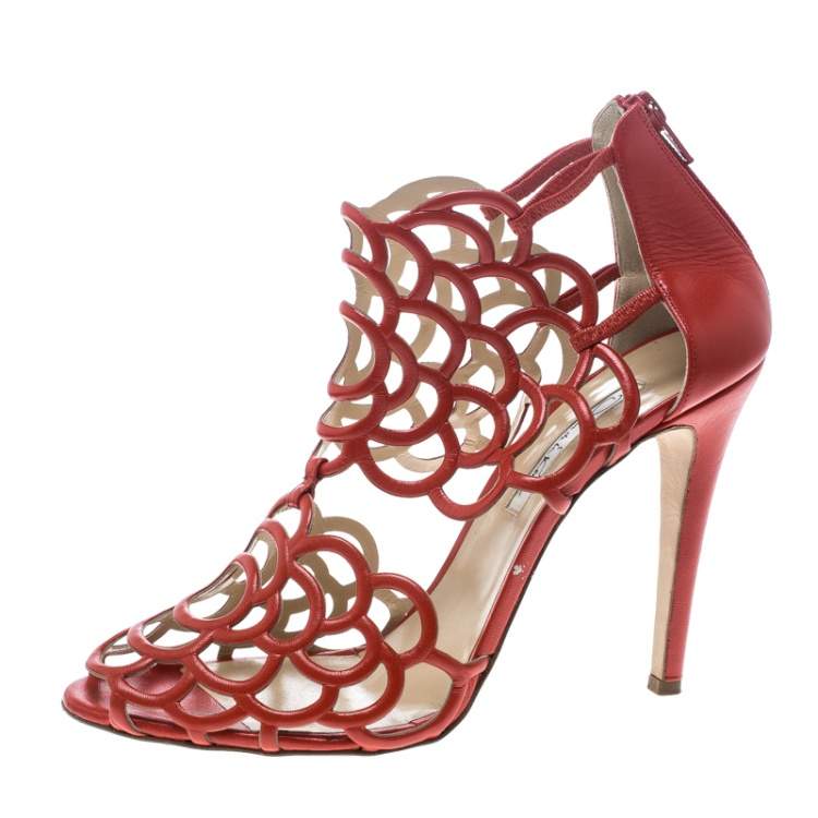 Pre Owned Oscar de la Renta Orange Leather Gladia Cutout Sandals Size 41.5