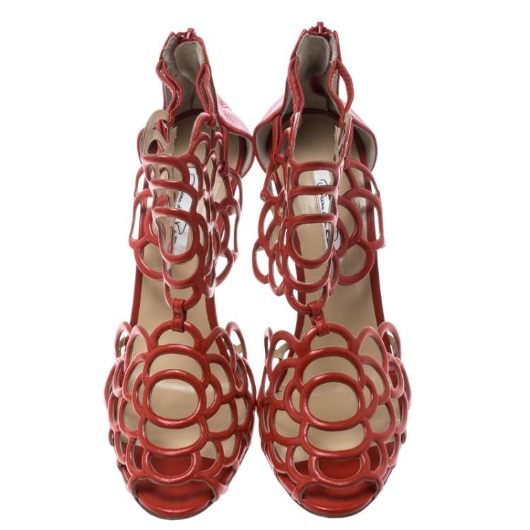 Pre Owned Oscar de la Renta Orange Leather Gladia Cutout Sandals Size 41.5