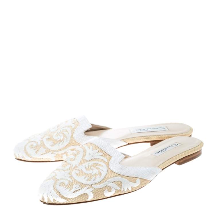 Pre Owned Oscar De La Renta Two Tone Raffia Flat Spanish Mules Size 38