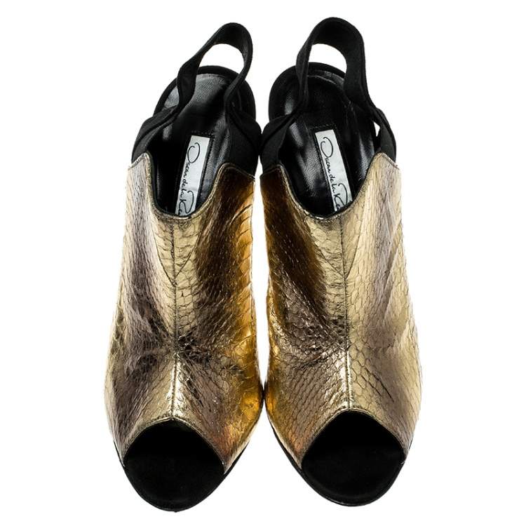 Pre Owned Oscar de la Renta Metallic Gold Embossed Elaphe Leather Penelope Peep Toe Sandals Size 39
