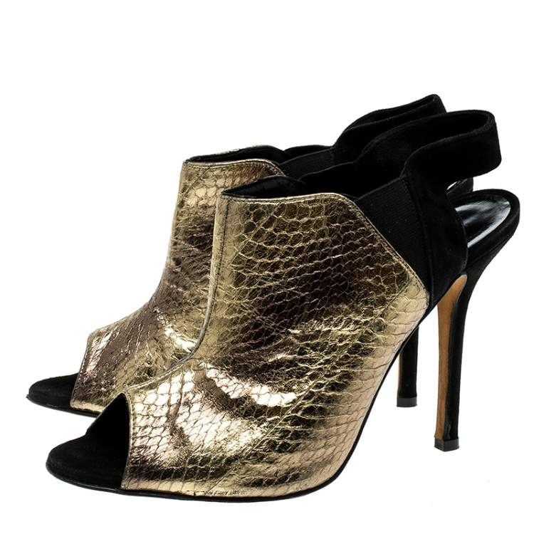 Pre Owned Oscar de la Renta Metallic Gold Embossed Elaphe Leather Penelope Peep Toe Sandals Size 39
