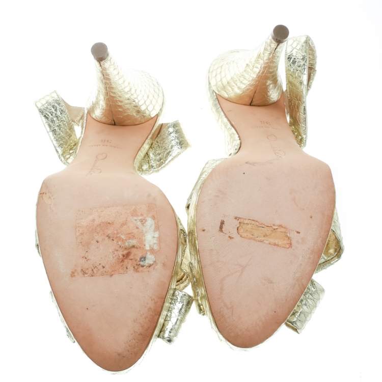 Pre Owned Oscar de la Renta Metallic Gold Embossed Python Leather Knot Sandals Size 38