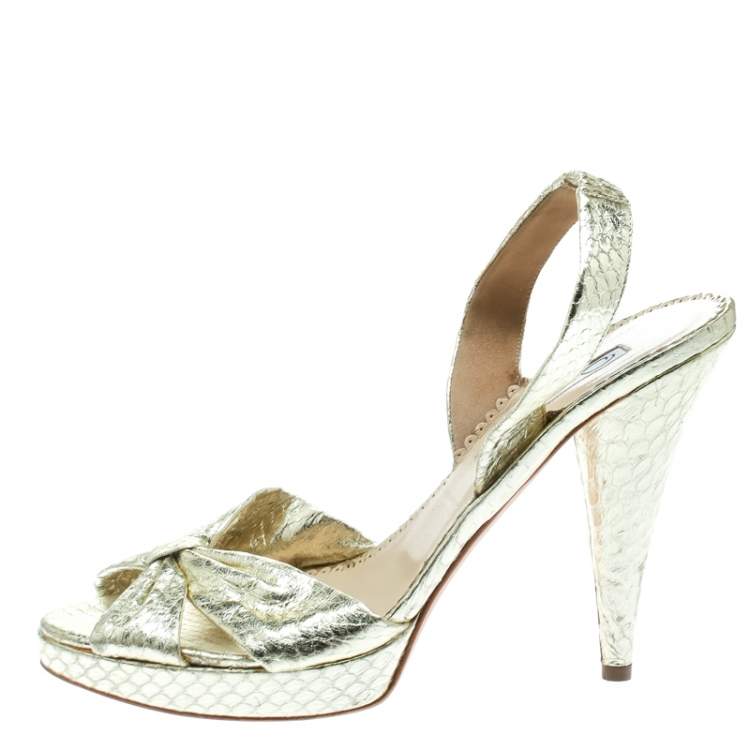 Pre Owned Oscar de la Renta Metallic Gold Embossed Python Leather Knot Sandals Size 38