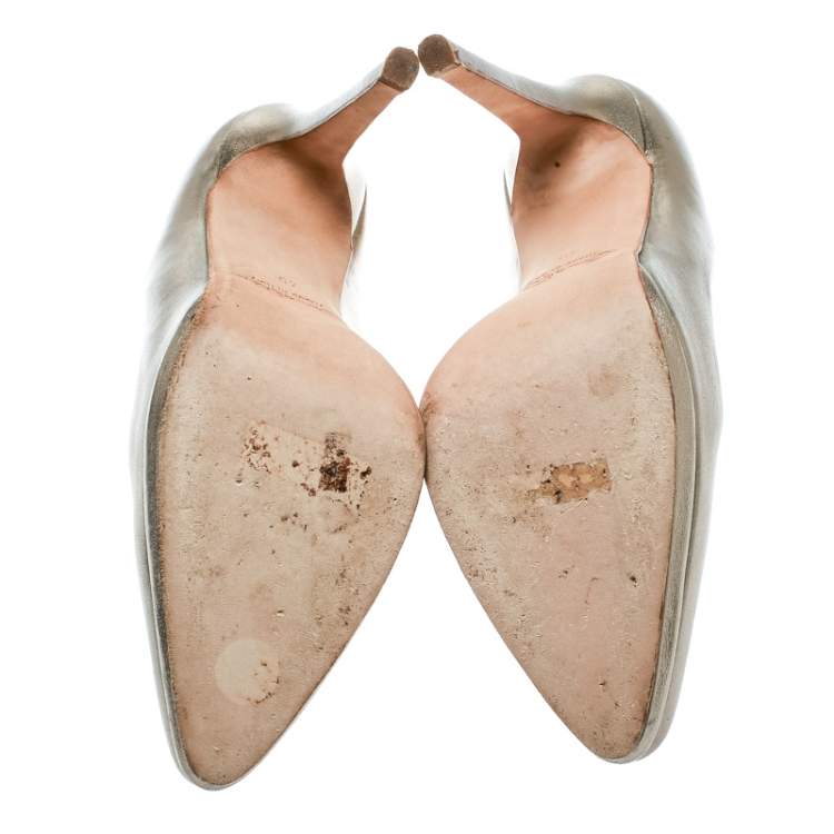 Pre Owned Oscar De La Renta Metallic Gold Leather Pointed Toe Pumps Size 40