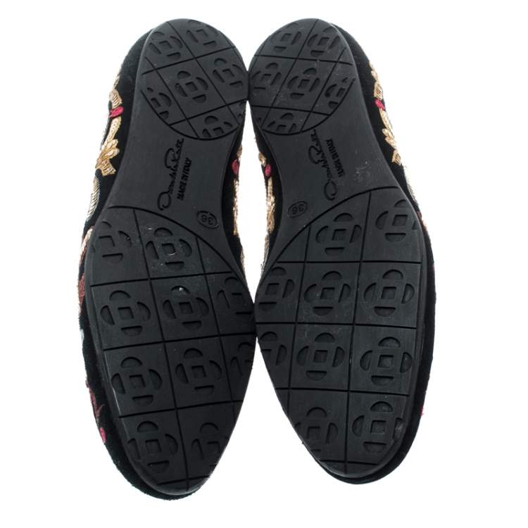 Pre Owned Oscar de la Renta Multicolor Suede And Lace Sequin Embellished Ballet Flats Size 36