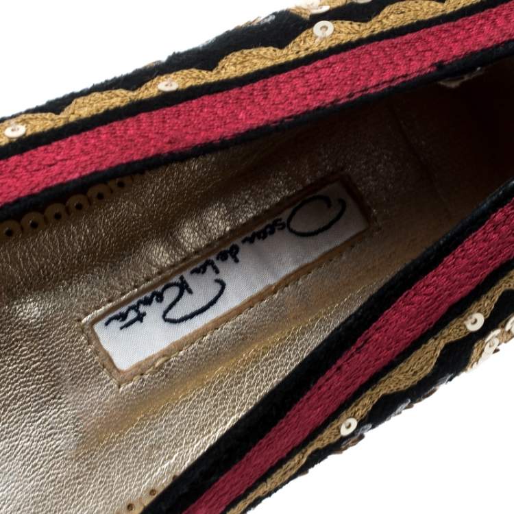 Pre Owned Oscar de la Renta Multicolor Suede And Lace Sequin Embellished Ballet Flats Size 36