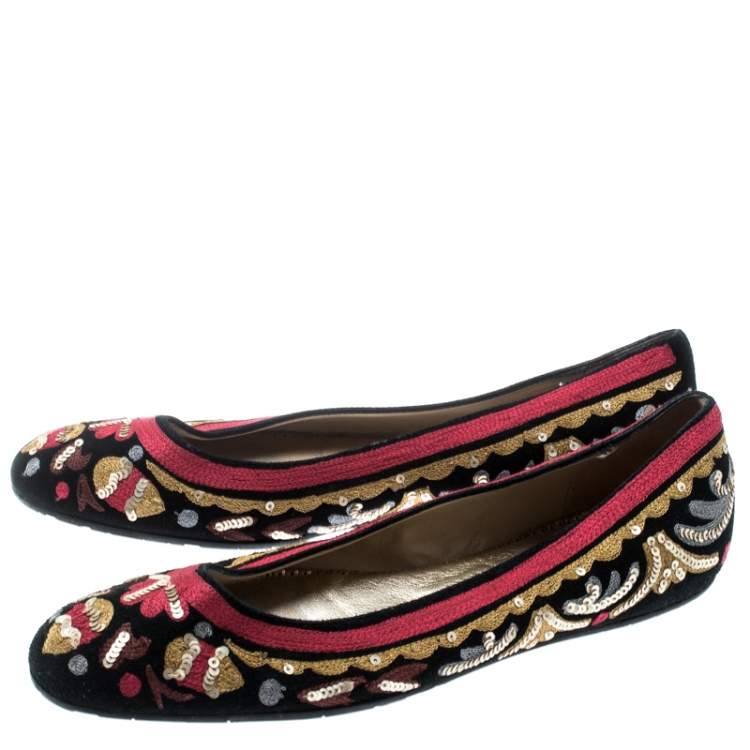 Pre Owned Oscar de la Renta Multicolor Suede And Lace Sequin Embellished Ballet Flats Size 36