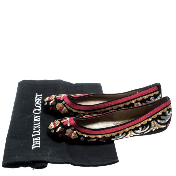Pre Owned Oscar de la Renta Multicolor Suede And Lace Sequin Embellished Ballet Flats Size 36