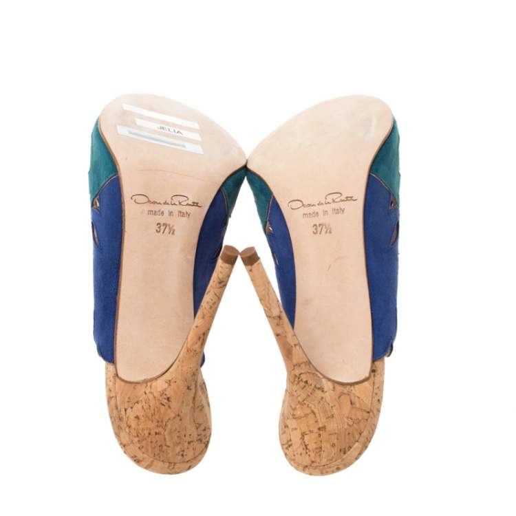 مملوكة مسبقًا Oscar de la Renta Tricolor Suede Floral Cut Out Sandals Size 37.5