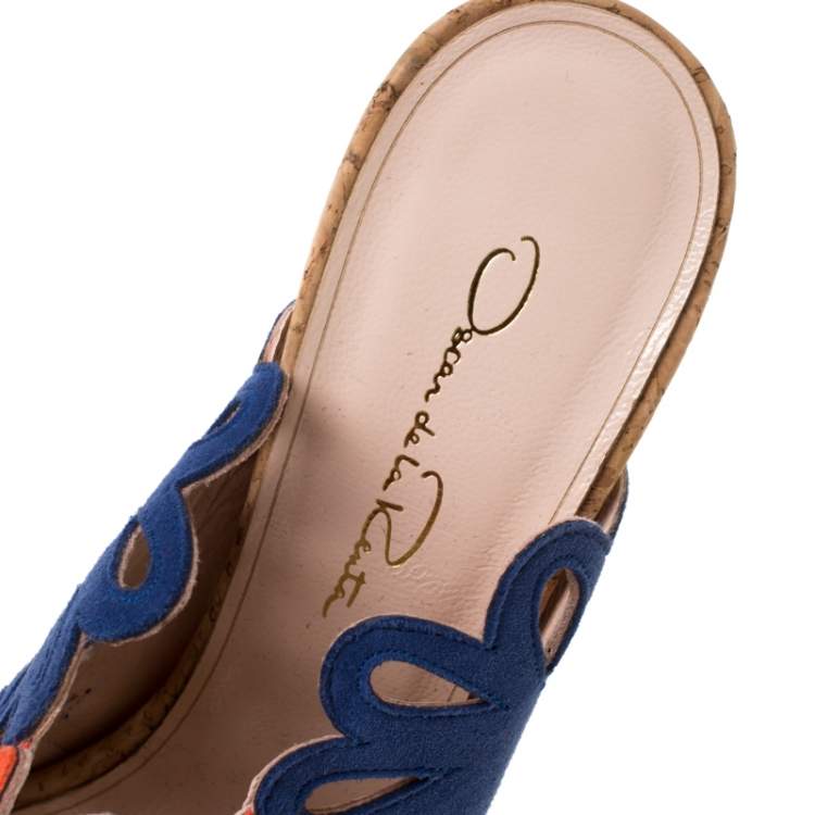مملوكة مسبقًا Oscar de la Renta Tricolor Suede Floral Cut Out Sandals Size 37.5
