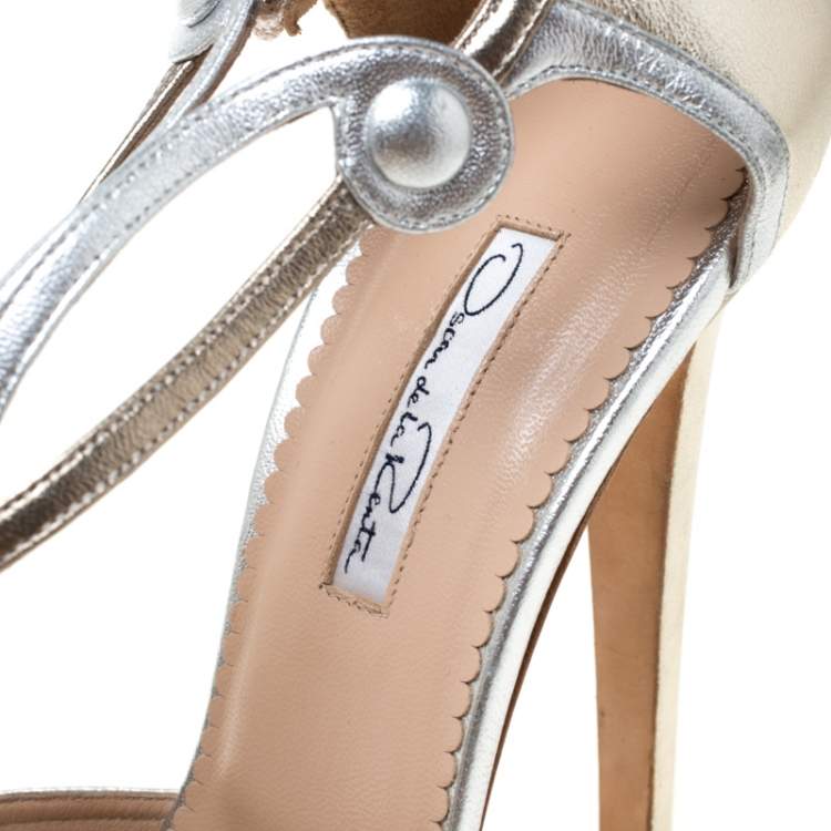 Pre Owned Oscar de la Renta Metallic Gold/Silver Leather Peep Toe Platform Sandals Size 40