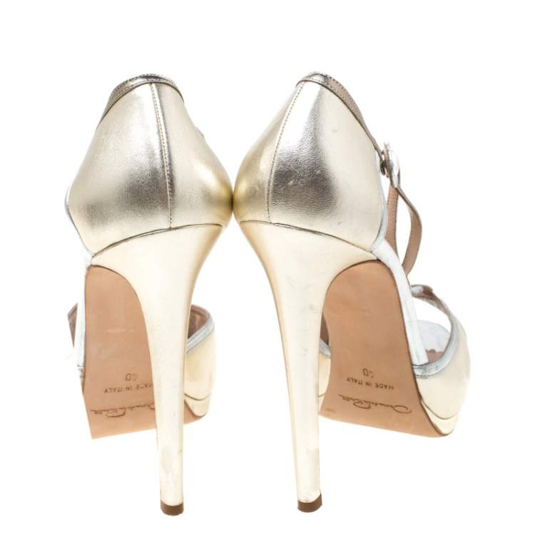 Pre Owned Oscar de la Renta Metallic Gold/Silver Leather Peep Toe Platform Sandals Size 40