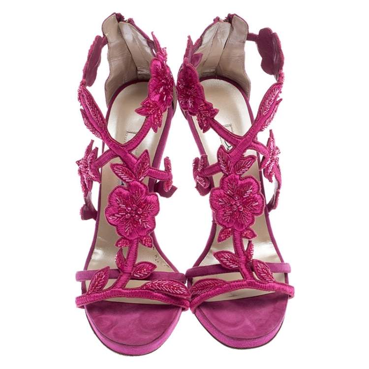 Pre Owned Oscar de la Renta Pink Suede Tatum Embellished T-Strap Sandals Size 37